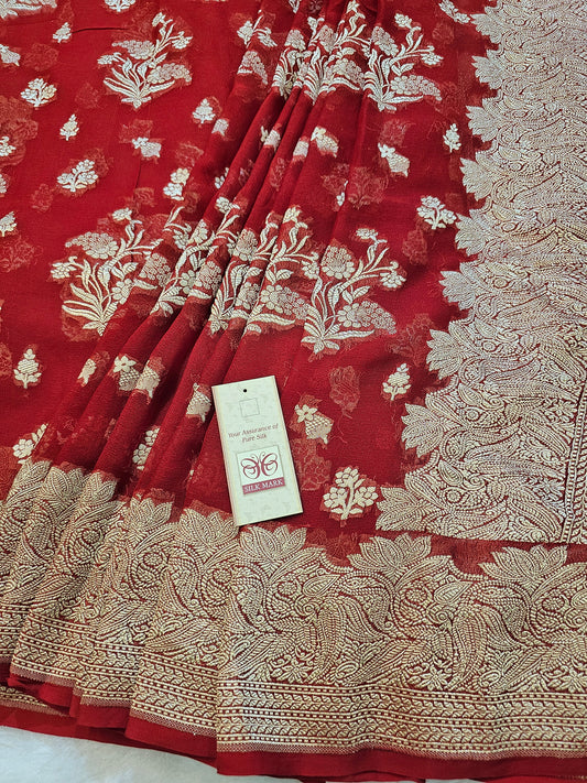 Banarasi Pure Chiffon Khaddi Saree with Rich Banarasi Zari Paisley Pallu – Bridal Red