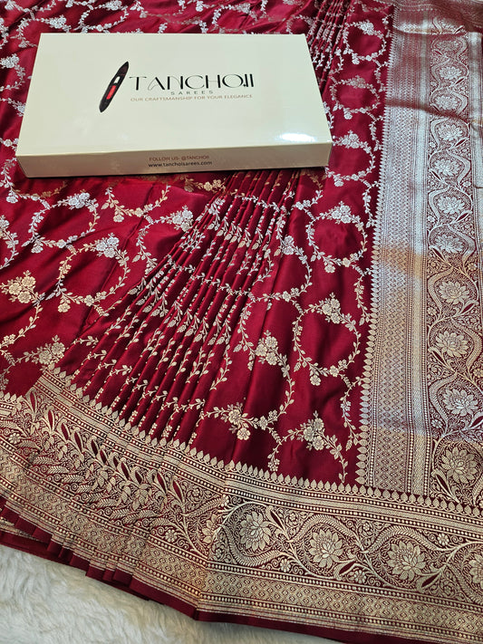 Banarasi Premium Wine Red Mashru Silk Saree with Antique Gold Floral Zari Weaving