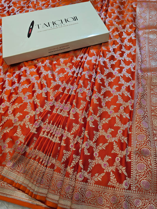 Banarasi Premium Rust Orange Mashru Silk Saree with Antique Gold Zari Floral Jaal Weaving