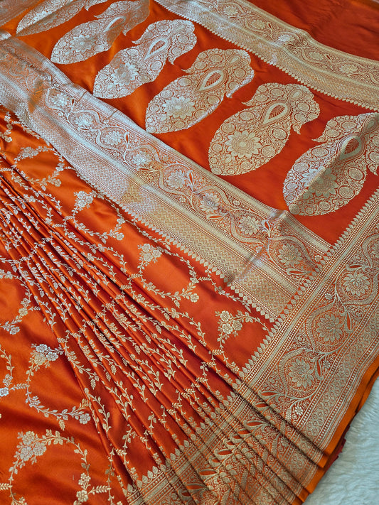 Banarasi Premium Burnt Orange Mashru Silk Saree with Antique Gold Floral Zari Weaving