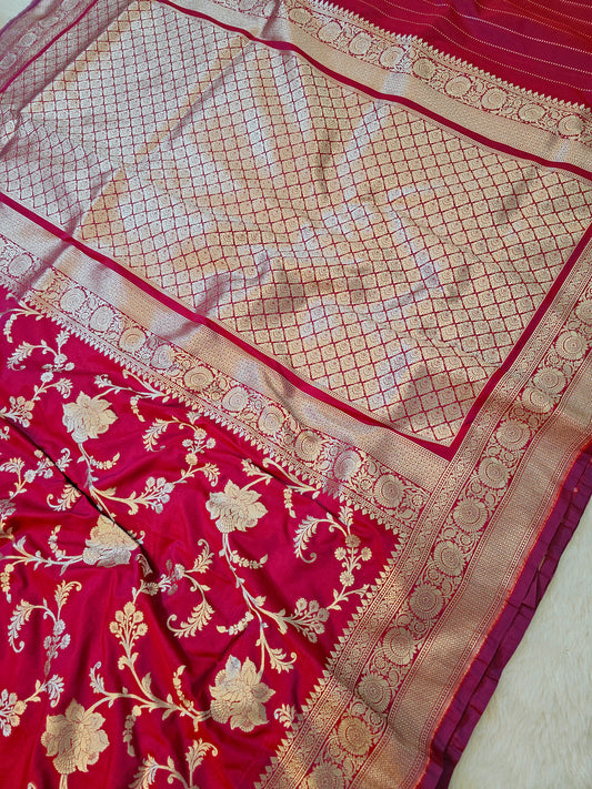 Banarasi Premium Rani Pink Mashru Silk Saree with Antique Gold Floral Zari Weaving