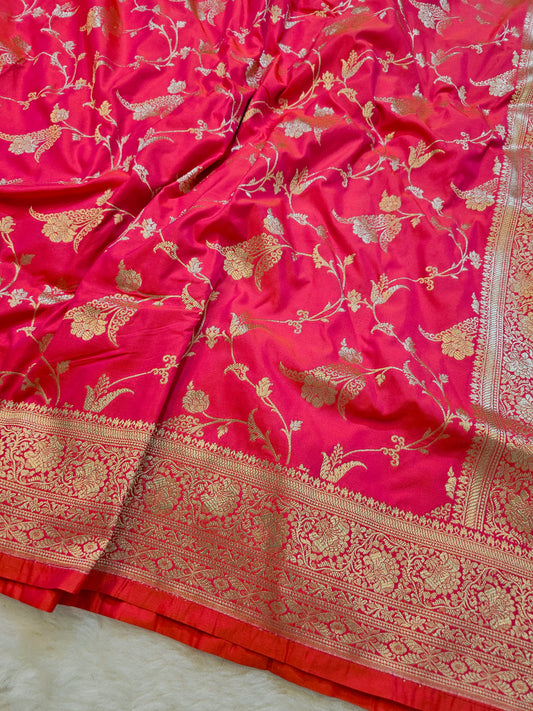 Banarasi Premium Rani Pink Mashru Silk Saree with Antique Gold Floral Zari Weaving & Rich Banarasi Pallu