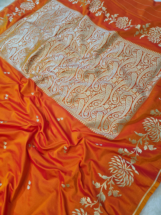 Banarasi Premium Orange Mashru Silk Saree with Antique Gold Paisley Woven Pallu & Floral Zari Design