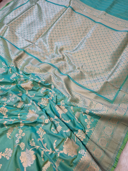 BanarasiPremium Aqua Blue Mashru Silk Saree with Antique Gold Floral Zari Weaving & Banarasi Border