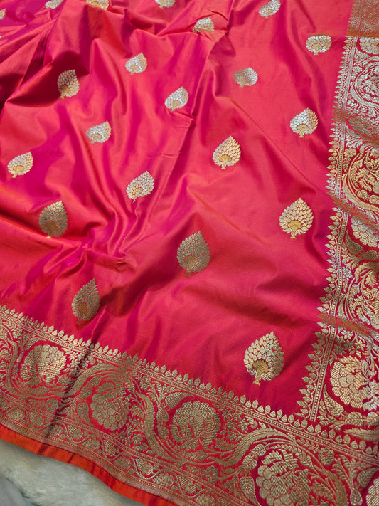 Banarasi Premium Rani Pink Mashru Silk Saree with Antique Gold Zari Buti & Rich Banarasi Border