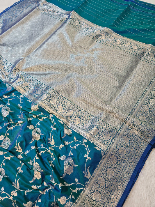 Banarasi Premium Peacock Blue Mashru Silk Saree with Antique Silver Zari Floral Weaving & Rich Banarasi Pallu