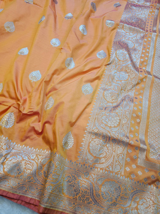 Banarasi Premium Peach Mashru Silk Saree with Antique Silver Zari Buti & Rich Banarasi Woven Pallu