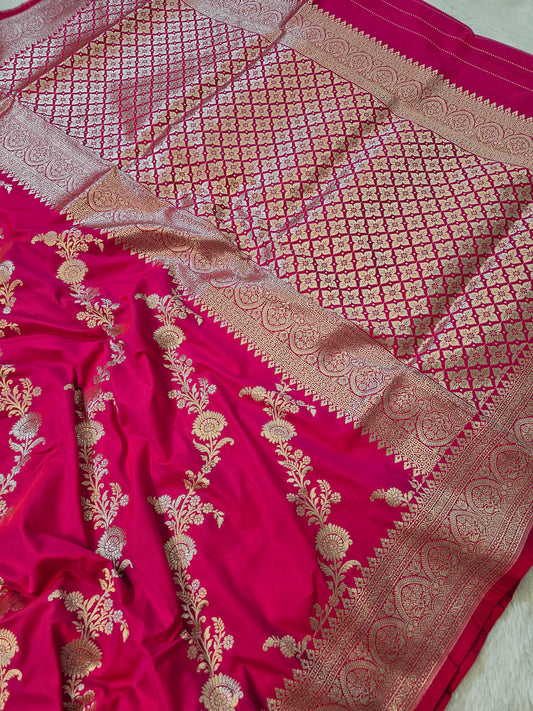 Banarasi Premium Rani Pink Mashru Silk Saree with Antique Gold Floral Zari Weaving & Grand Banarasi Pallu
