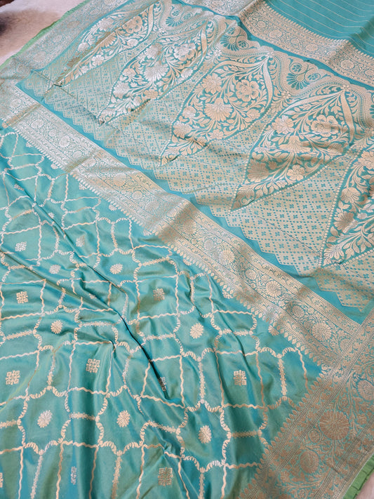 Banarasi Aqua Blue Mashru Silk Saree with Gold Zari Geometric Weaving & Banarasi Floral Border