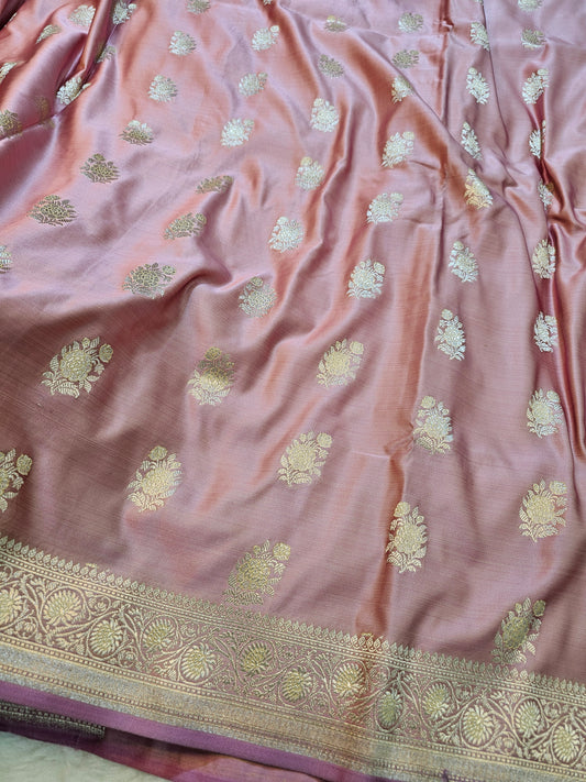 Banarasi Blush Pink Mashru Silk Saree with Gold Zari Floral Butis & Banarasi Border