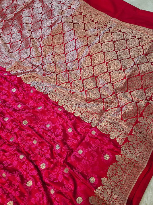 Banarasi Rani Pink Mashru Silk Saree with Gold Zari Floral Weaving & Grand Banarasi Pallu
