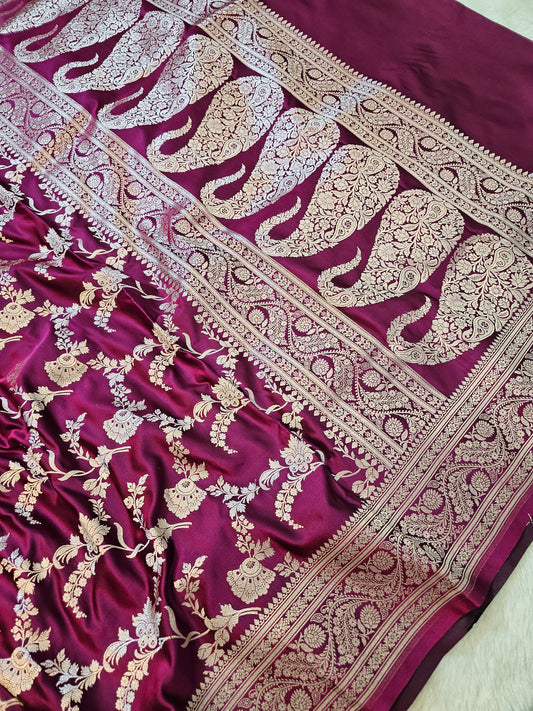 Banarasi Royal Wine Mashru Silk Saree with Gold Zari Floral Jaal & Grand Paisley Banarasi Pallu