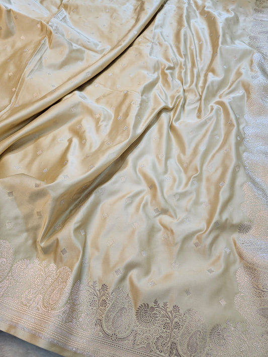Banarasi Champagne Gold Mashru Silk Saree with Silver Zari Buti & Grand Banarasi Jaal Pallu