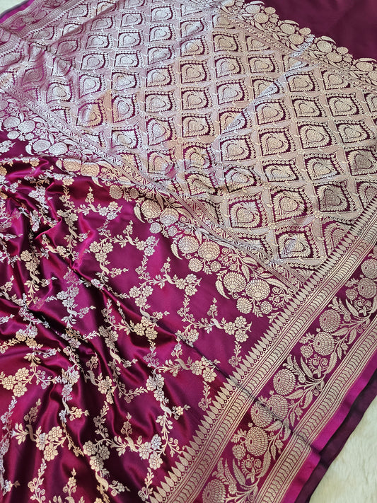 Banarasi Royal Magenta Mashru Silk Saree with Gold Zari Floral Jaal & Grand Banarasi Border
