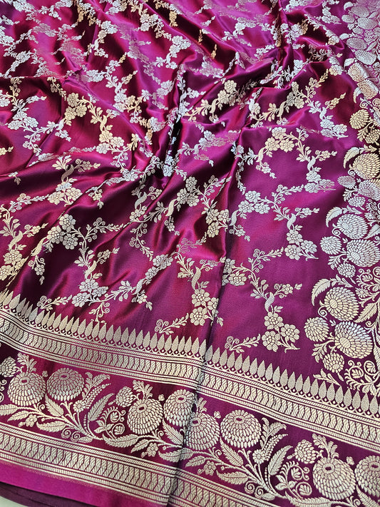 Banarasi Royal Magenta Mashru Silk Saree with Gold Zari Floral Jaal & Grand Banarasi Border