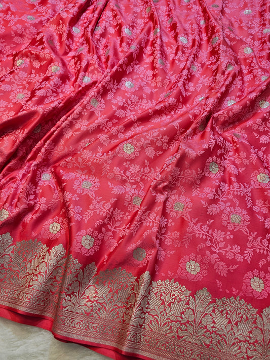 Banarasi Coral Pink Mashru Silk Saree with Gold Zari Floral Weaving & Grand Banarasi Jaal Pallu