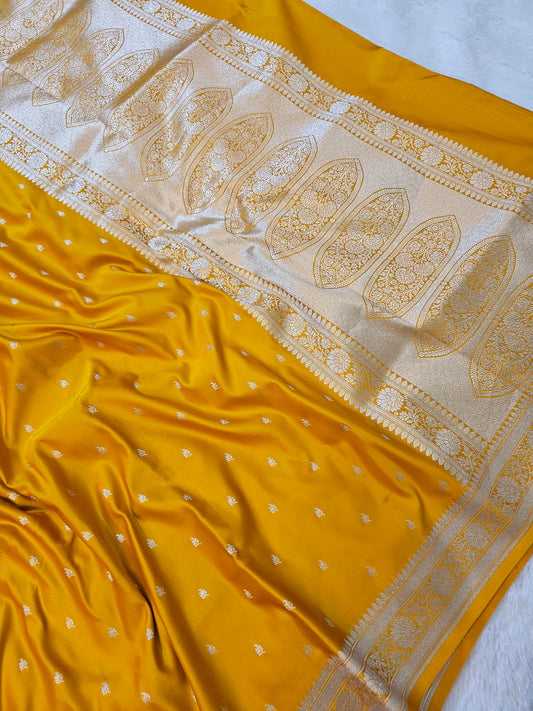 Banarasi Mustard Yellow Mashru Silk Saree with Grand Paisley Banarasi Zari Pallu