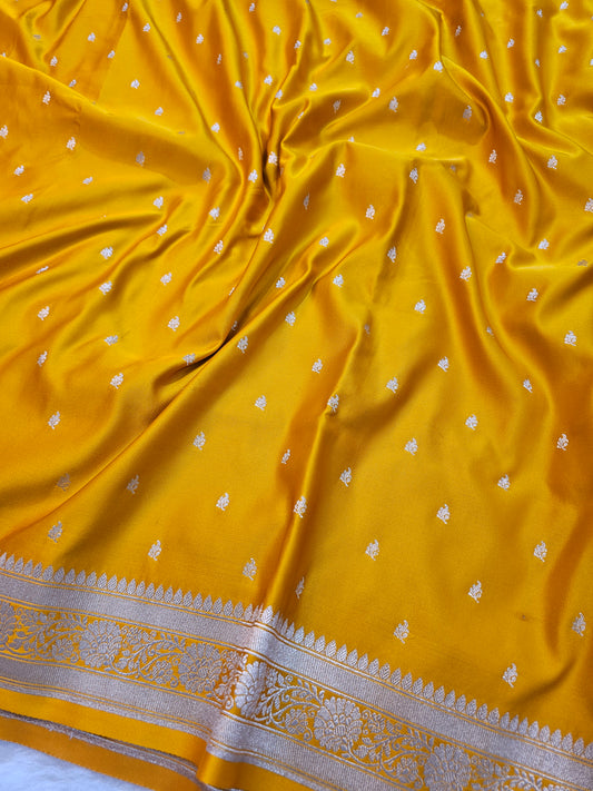 Banarasi Mustard Yellow Mashru Silk Saree with Grand Paisley Banarasi Zari Pallu