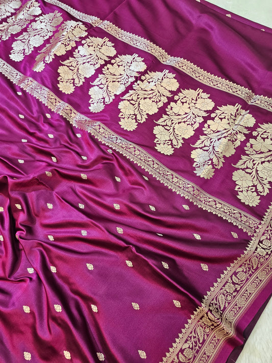 Banarasi Royal Magenta Mashru Silk Saree with Grand Floral Banarasi Zari Pallu