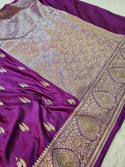 Banarasi Premium Royal Purple Mashru Silk Saree with Antique Gold Zari Jaal Weaving & Stone Work Banarasi Border