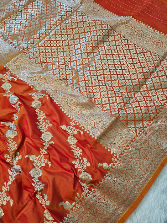 Banarasi Premium Orange Mashru Silk Saree with Antique Gold Zari Floral Weaving & Banarasi Border
