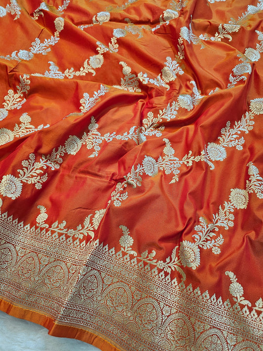 Banarasi Premium Orange Mashru Silk Saree with Antique Gold Zari Floral Weaving & Banarasi Border