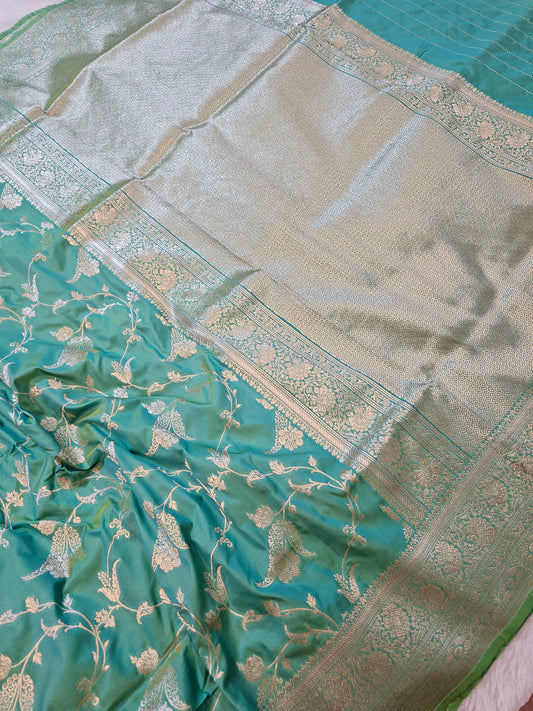 Banarasi Premium Aqua Blue Mashru Silk Saree with Antique Gold Zari Floral Weaving & Rich Banarasi Pallu