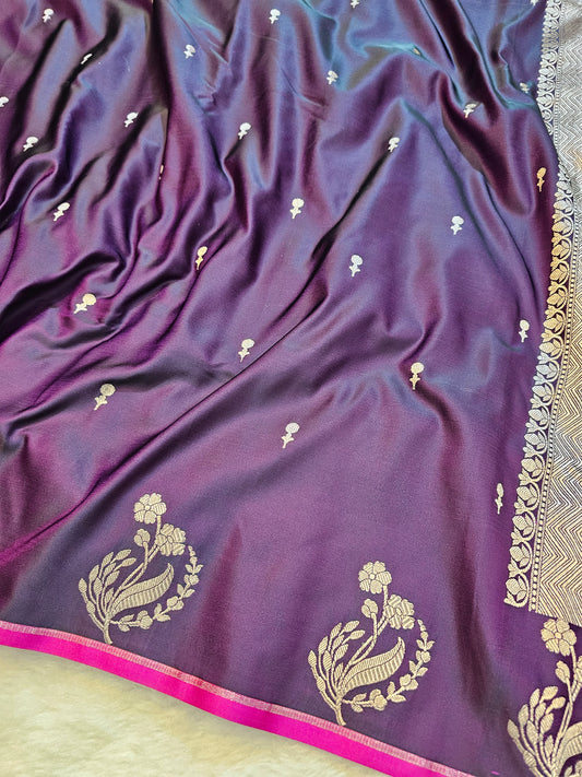BanarasiPremium Deep Purple Mashru Silk Saree with Antique Gold Zari Butti & Grand Banarasi Woven Pallu