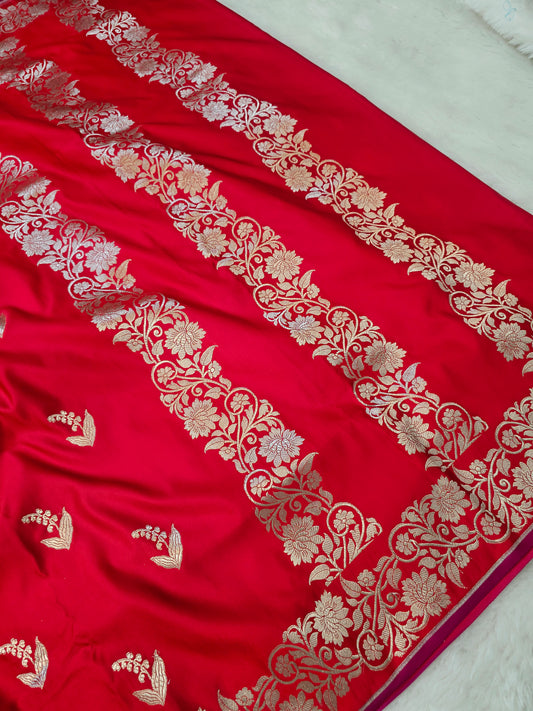 Banarasi Premium Mashru Silk Saree in Ruby Red with Antique Gold Floral Zari Weaving