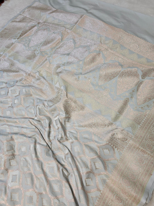 Banarasi Premium Mashru Silk Saree in Ice Mint Green with Antique Gold Geometric Zari Weaving