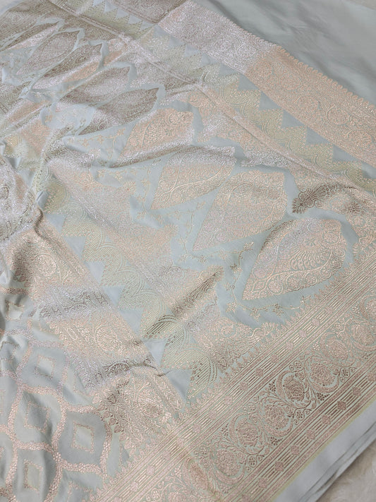 Banarasi Premium Mashru Silk Saree in Ice Mint Green with Antique Gold Geometric Zari Weaving