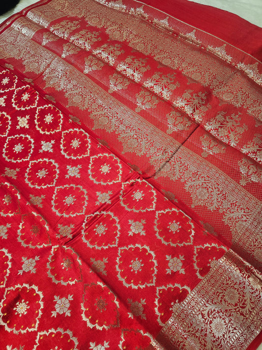 Banarasi Premium Pure Chiniya Silk Saree in Regal Red with Gold Zari Floral Buti & Rich Banarasi Woven Pallu CH7424001