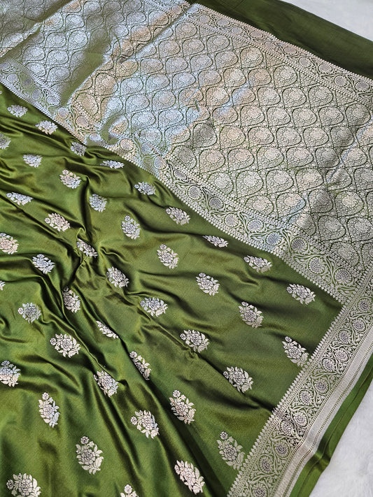 BanarasiPremium Mashru Silk Saree in Olive Green with Antique Silver Zari Floral Buti Weaving