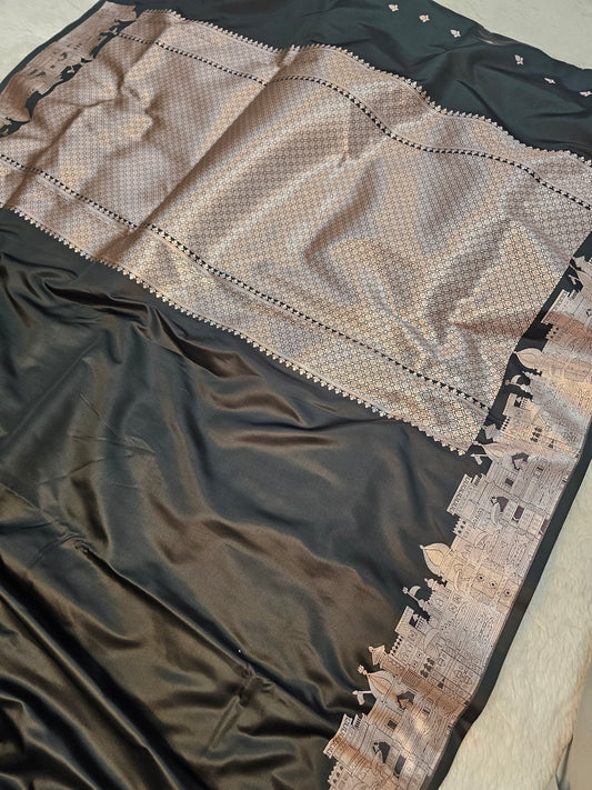 Banarasi Premium Black Mashru Silk Saree with Antique Gold Zari Geometric Jaal & Temple Border