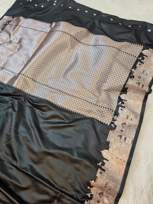 Banarasi Premium Black Mashru Silk Saree with Antique Gold Zari Geometric Jaal & Temple Border