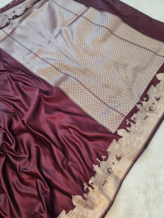Banarasi Premium Mehroon Mashru Silk Saree with Antique Gold Zari Geometric Jaal & Temple Border