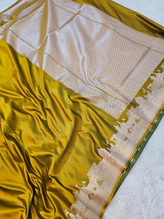 Banarasi Ghaat Premium Muaterd Mashru Silk Saree with Antique Gold Zari Geometric Jaal & Temple Border