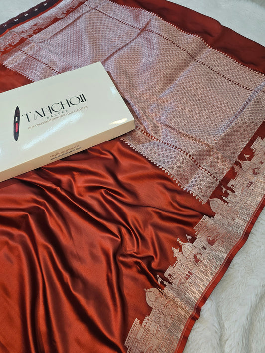 Banarasi Ghaat Premium Rust Mashru Silk Saree with Antique Gold Zari Geometric Jaal & Temple Border