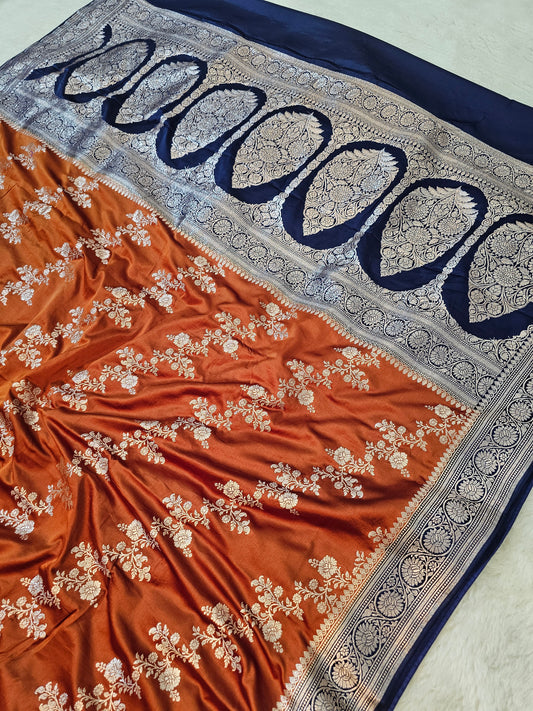 Banarasi Premium Mashru Silk Saree in Rust & Nave Blue Purple with Antique Gold Zari Paisley Pallu