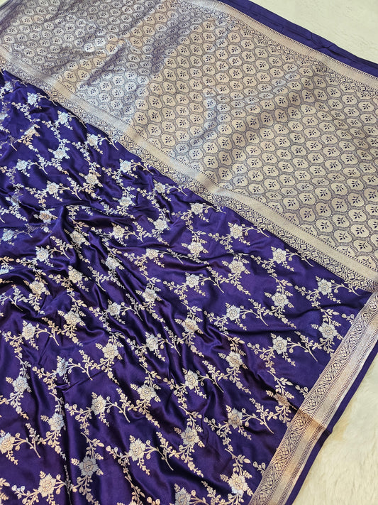 Banarasi Royal Navy Blue Mashru Silk Saree with Antique Gold Zari Jaal & Grand Floral Banarasi Pallu