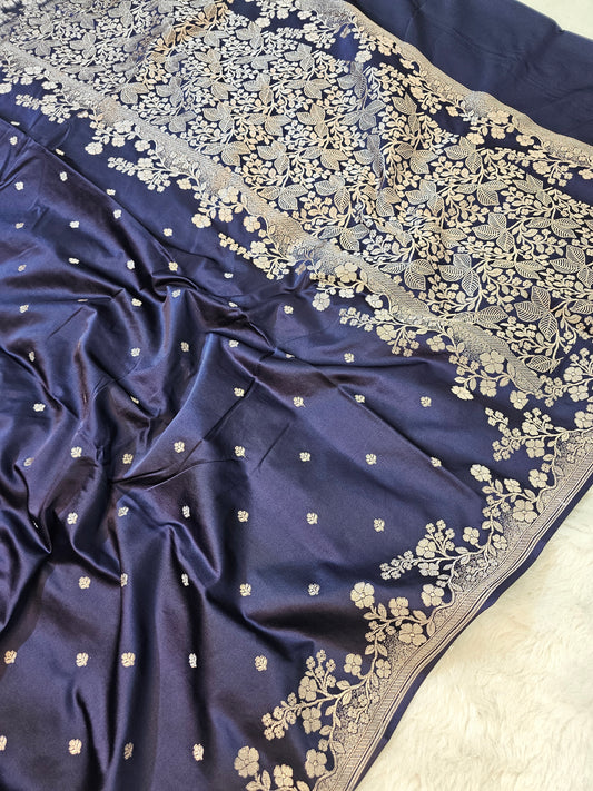Banarasi Royal Navy Blue Mashru Silk Saree with Antique Gold Zari Buttas & Grand Floral Banarasi Pallu