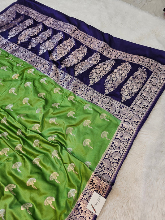 Banarasi Premium Mashru Silk Saree in Pista & Nave Blue with Antique Gold Zari Paisley Pallu