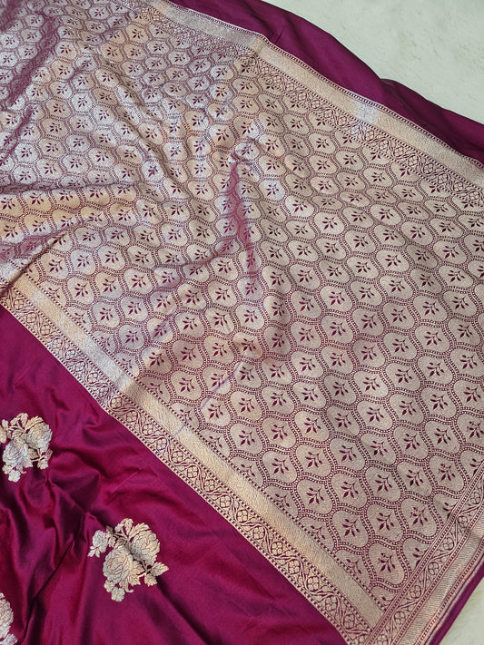 Banarasi Wine Purple Premium Mashru Silk Saree with Antique Silver Zari Floral Buttas & Grand Paisley Banarasi Pallu