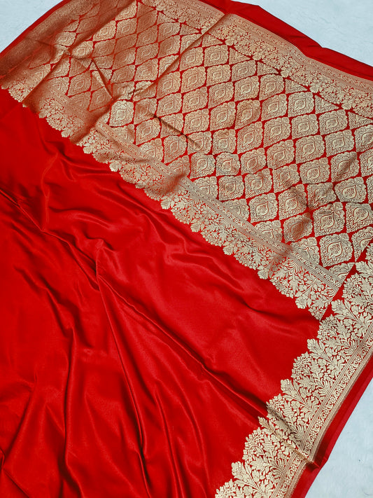 Banarasi Premium Red Mashru Silk Saree with Antique Gold Zari Paisley Jaal & Floral Banarasi Border