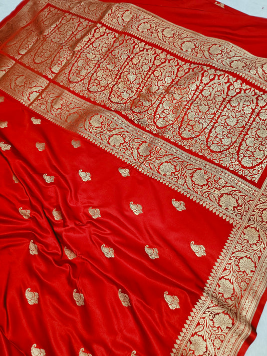 Banarasi Premium Red Mashru Silk Saree with Antique Gold Zari Floral Jaal & Banarasi Border