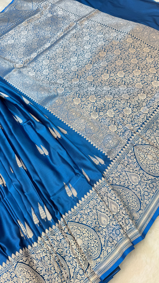 Banarasi Royal Blue Mashru Silk Saree with Silver Zari Floral Jaal & Paisley Border