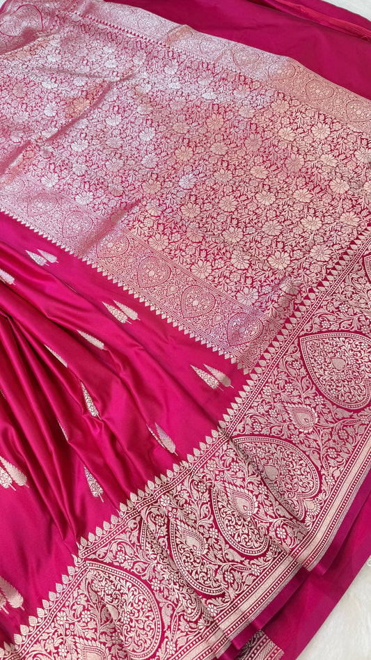 Banarasi Rani Pink Mashru Silk Saree with Silver Zari Floral Jaal & Paisley Border