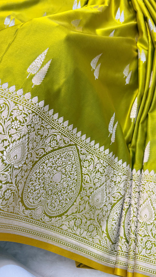 Banarasi Lime Green Mashru Silk Saree with Rich Silver Zari Floral Jaal & Paisley Border