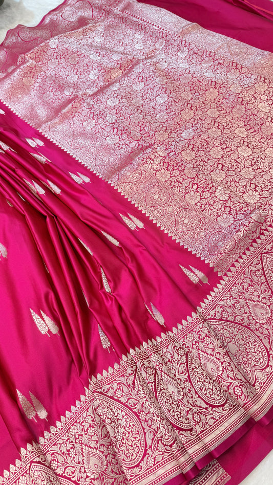 Banarasi Rani Pink Mashru Silk Saree with Silver Zari Floral Jaal & Paisley Border