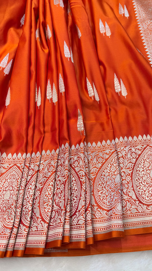 Banarasi Premium Rust Orange Mashru Silk Saree with Silver Zari Floral Pallu & Paisley Border